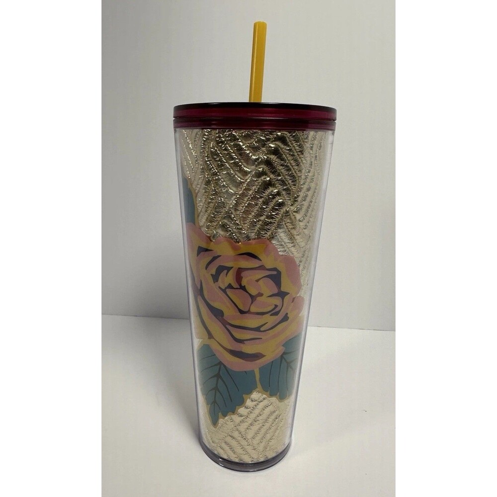 Starbucks Gold Quilted Rose Floral Venti Tumbler 24oz Cold Cup 2020